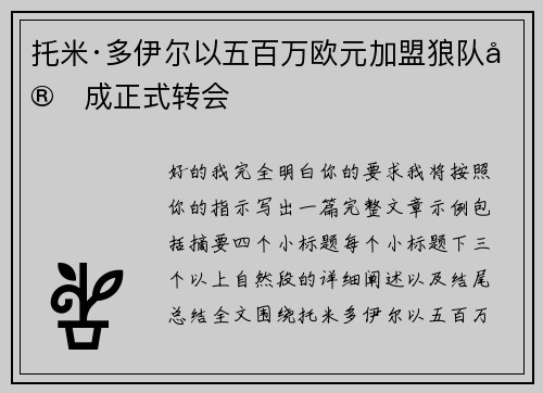 托米·多伊尔以五百万欧元加盟狼队完成正式转会